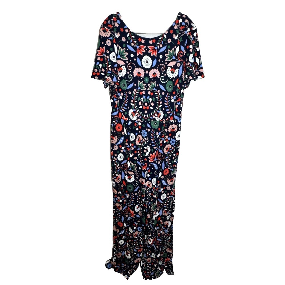 Boden Camille Print Ponte Folk Meadow Floral Short Sleeve Jumpsuit Size 10 Tall